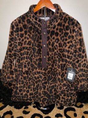 Ariat Womens Brown Leopard Print Fleece Pullover Jacket